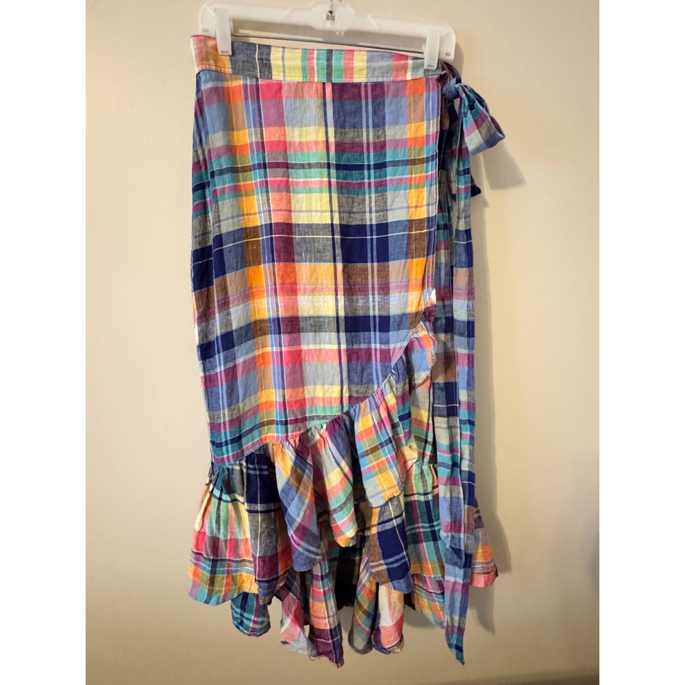 Polo Ralph Lauren Madras Linen Wrap Skirt Multicolor Plaid Ruffle High Low 14 - Picture 9 of 10